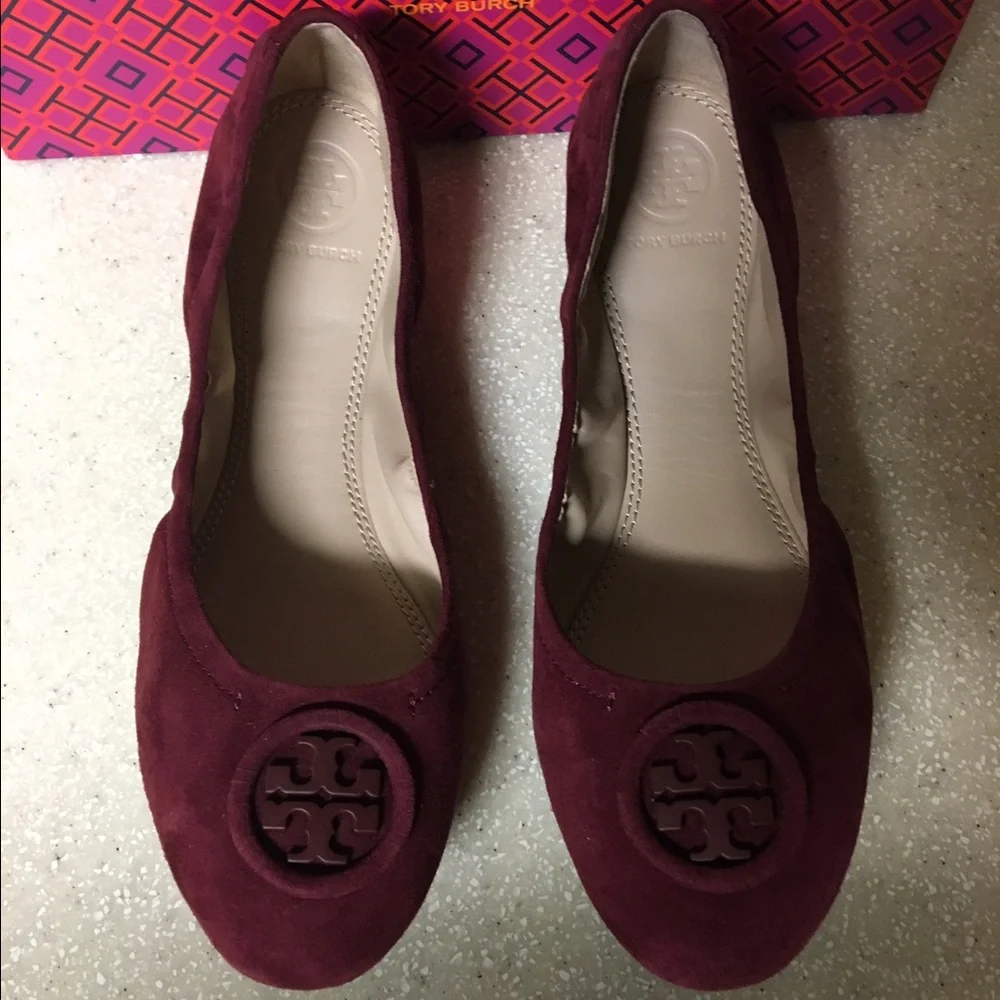 Tory Burch Burgundy Suede Flats with Logo Medallion